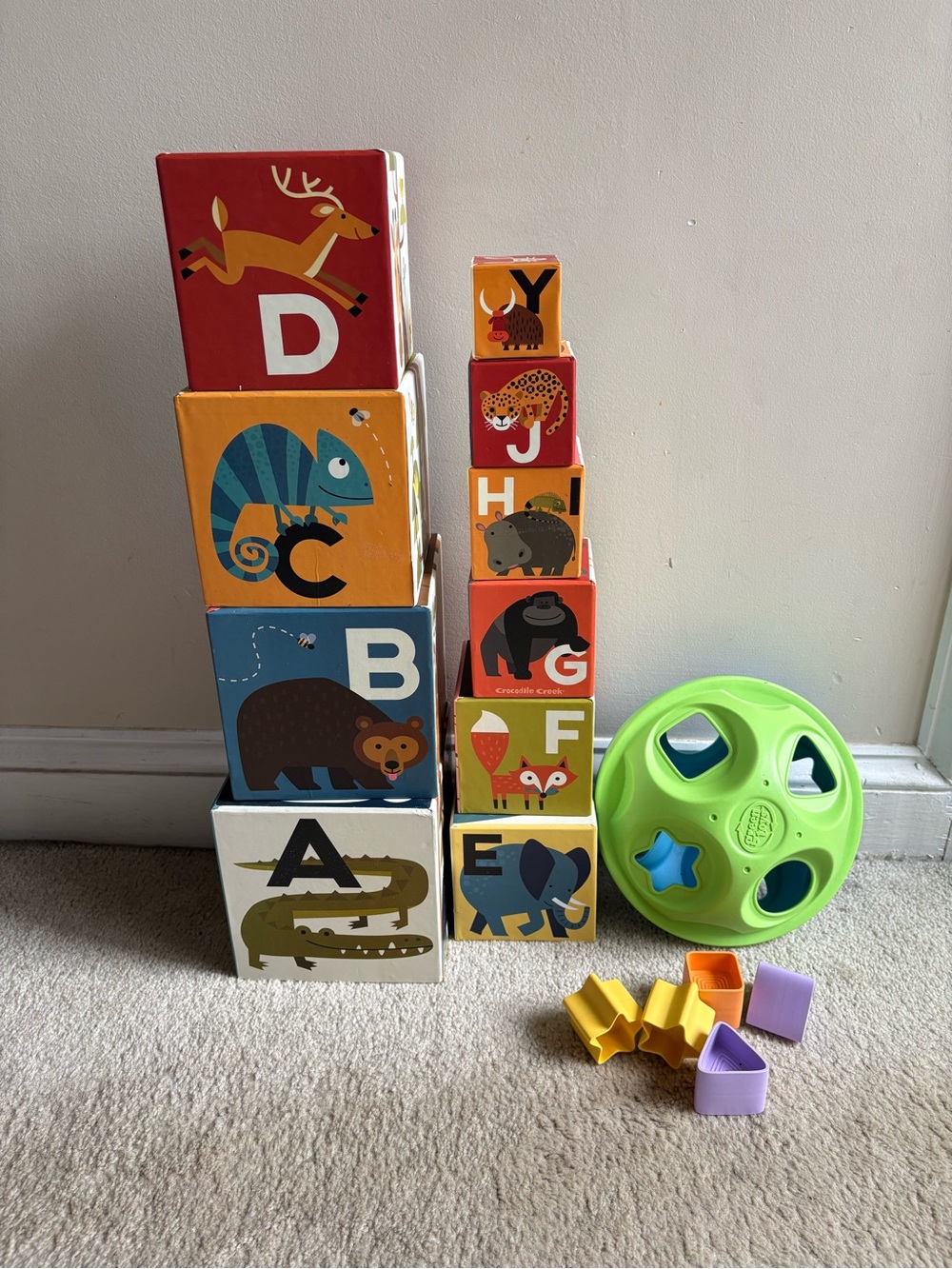 Stacking blocks and shape sorter for babies and toddlers
